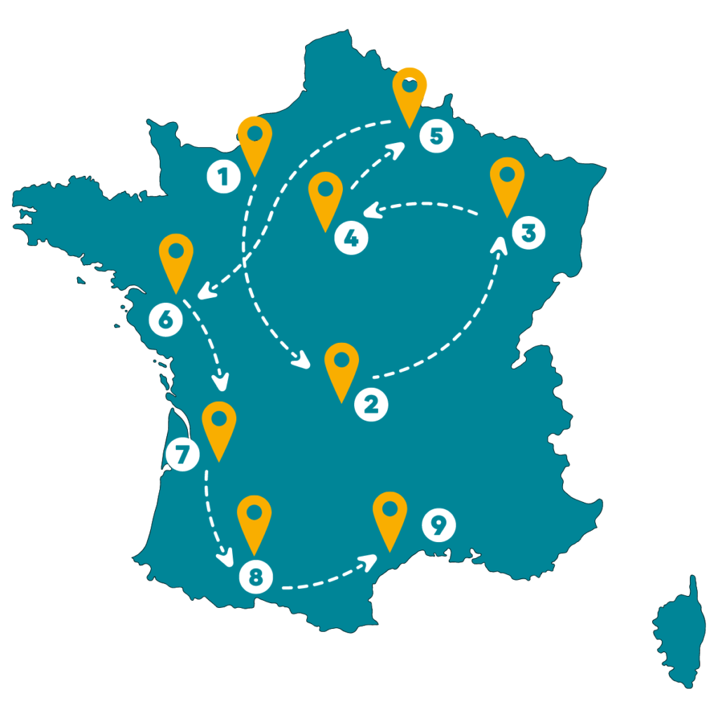 Carte présentant le parcours de la première promotion du cursus ANAFOR à travers la France entière.